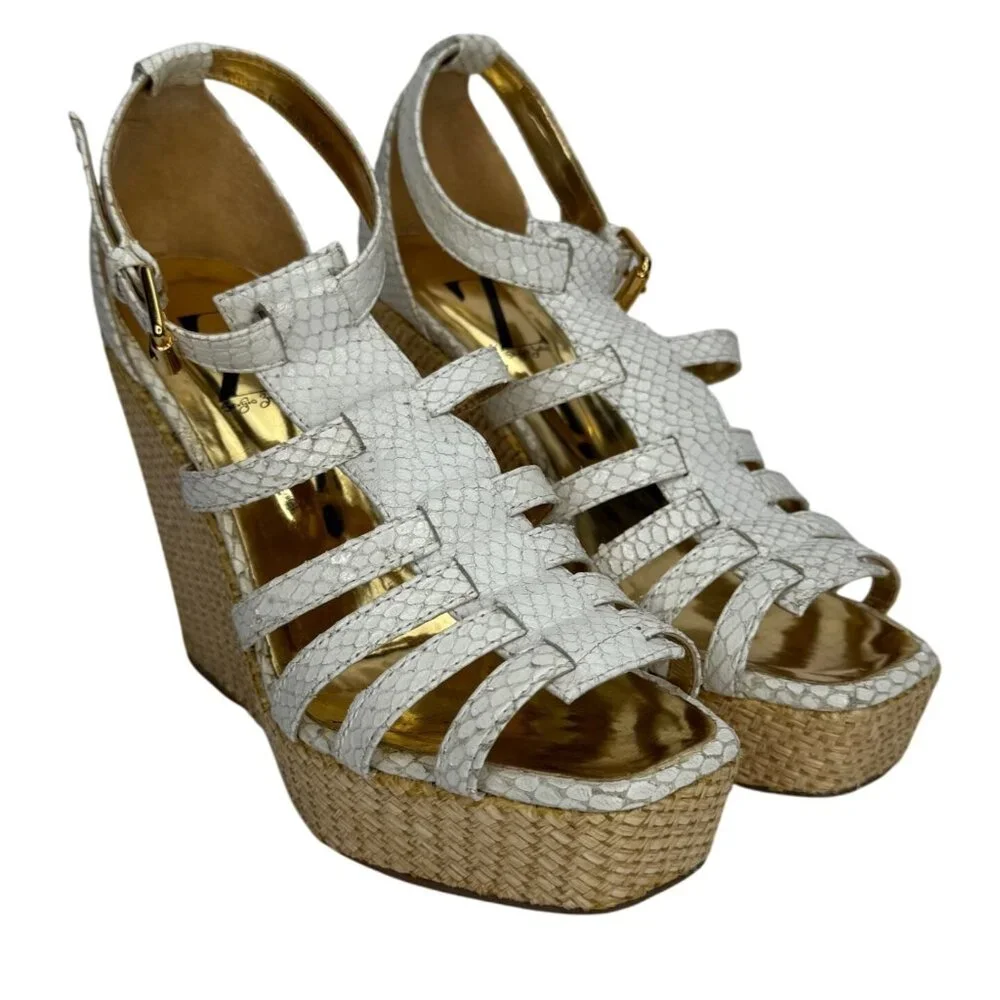 Sergio Zelcer White Snake Wedge Sandals Size 6‎ Womens Open Toe Raffia Platform